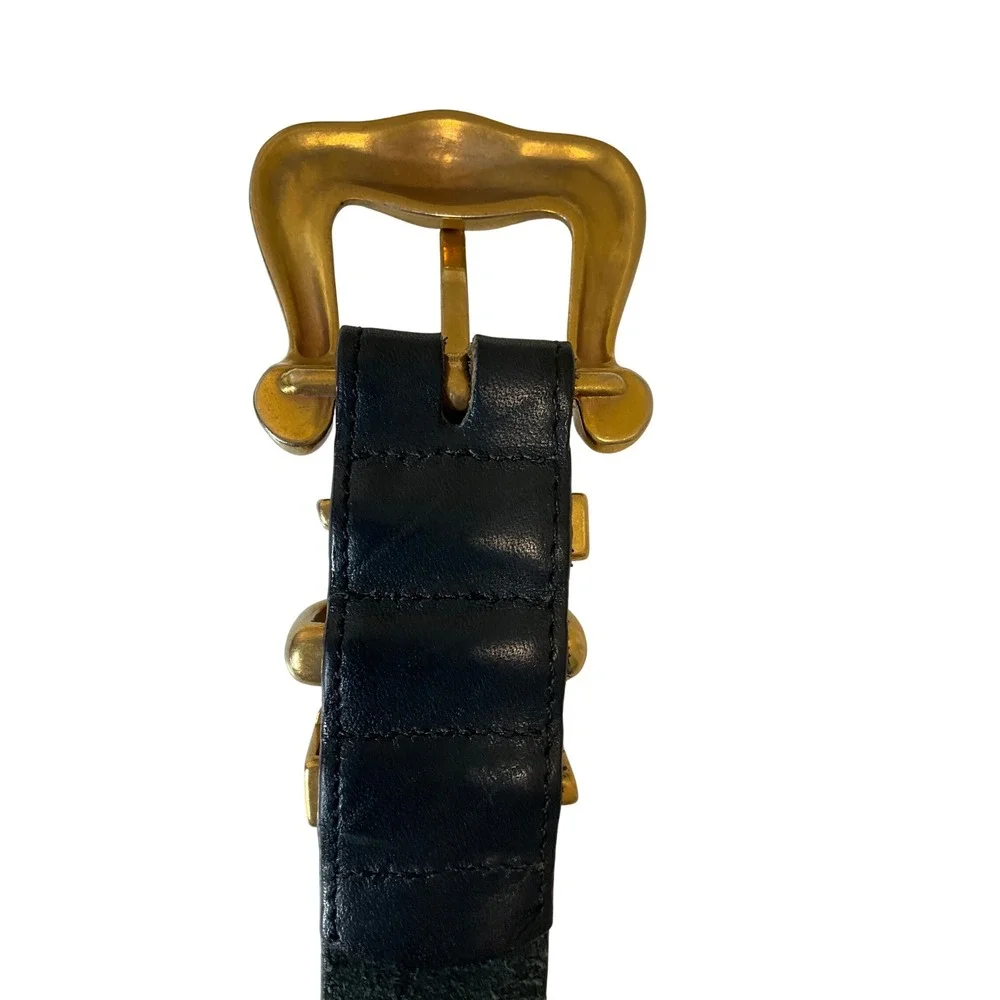 Vintage Brighton Black Leather Belt Brass Buckle Sculptural Gold Toned Statement